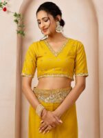 Inddus Mustard Embroidered Sequinned Net Saree - Image 7