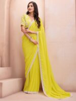 Inddus Yellow & White Embroidered Border Saree - Image 3