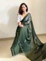 Mitera Green & Gold-Toned Floral Embroidered Silk Blend Saree