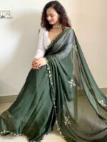 Mitera Green & Gold-Toned Floral Embroidered Silk Blend Saree - Image 2