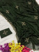 Mitera Green & Gold-Toned Floral Embroidered Silk Blend Saree - Image 4