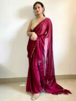 Mitera Magenta & Gold-Toned Embroidered Silk Blend Saree