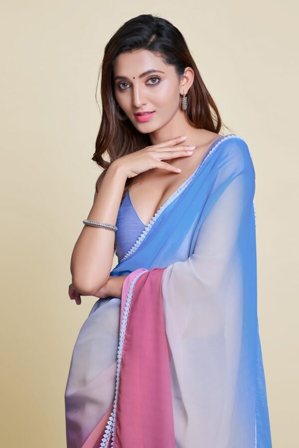 Mitera Pink & White Ombre Pure Chiffon Saree