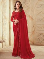 Mitera Red Striped Embroidered Saree