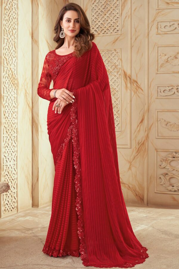 Mitera Red Striped Embroidered Saree