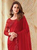 Mitera Red Striped Embroidered Saree - Image 2