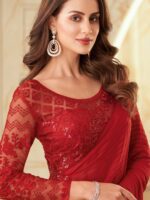 Mitera Red Striped Embroidered Saree - Image 3
