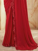 Mitera Red Striped Embroidered Saree - Image 4