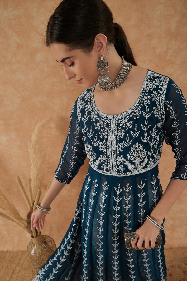Sangria Ethnic Motifs Embroidered Georgette A-Line Kurta