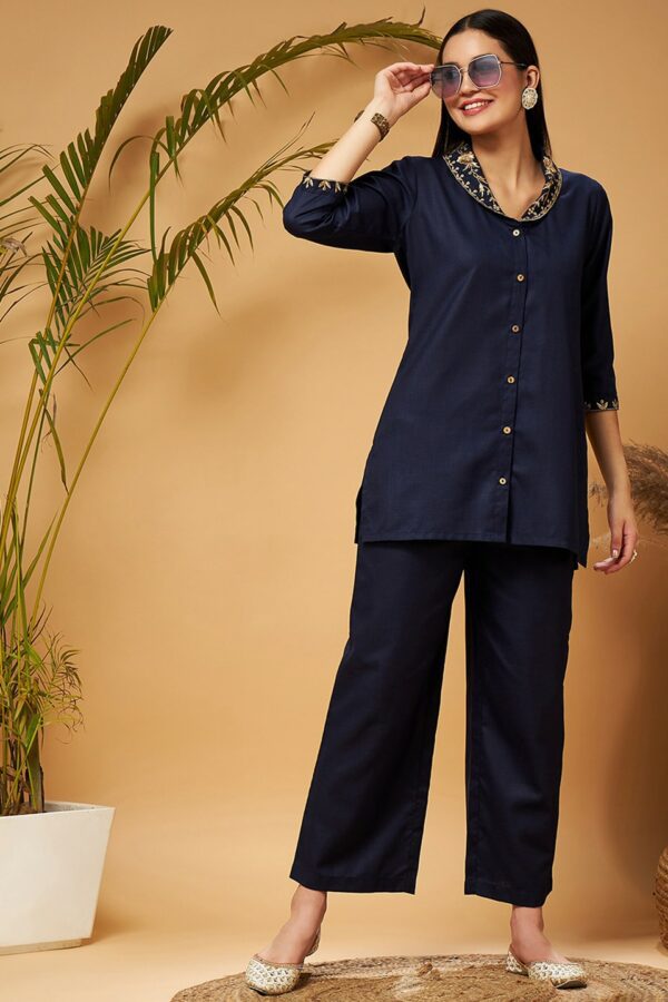 Shae by SASSAFRAS Embroidered Shawl Collar Tunic Top With Palazzos Co-Ords