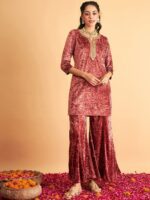 Shae by SASSAFRAS Ethnic Motifs Embroidered Neck Sequinned Detail Velvet A-Line Kurta