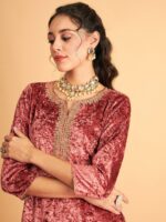 Shae by SASSAFRAS Ethnic Motifs Embroidered Neck Sequinned Detail Velvet A-Line Kurta - Image 2