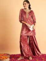 Shae by SASSAFRAS Ethnic Motifs Embroidered Neck Sequinned Detail Velvet A-Line Kurta - Image 3