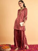 Shae by SASSAFRAS Ethnic Motifs Embroidered Neck Sequinned Detail Velvet A-Line Kurta - Image 4