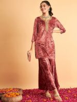 Shae by SASSAFRAS Ethnic Motifs Embroidered Neck Sequinned Detail Velvet A-Line Kurta - Image 6