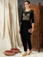Shae by SASSAFRAS Ethnic Motifs Embroidered Velvet Kurta with Trousers - Image 4
