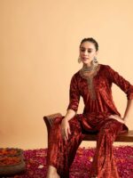 Shae by SASSAFRAS Floral Embroidered Neck Sequinned Detail Velvet A-Line Kurta - Image 6