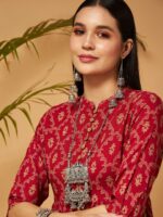 Shae by SASSAFRAS Maroon Ethnic Printed Mandarin Collar Liva A-Line Top - Image 2
