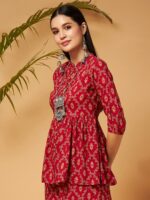Shae by SASSAFRAS Maroon Ethnic Printed Mandarin Collar Liva A-Line Top - Image 3