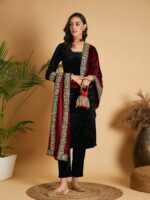 Shae by SASSAFRAS Maroon Floral Embroidered Sequinned Velvet Shawl