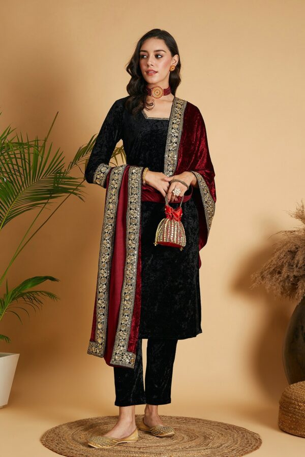 Shae by SASSAFRAS Maroon Floral Embroidered Sequinned Velvet Shawl