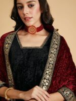 Shae by SASSAFRAS Maroon Floral Embroidered Sequinned Velvet Shawl - Image 2