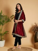Shae by SASSAFRAS Maroon Floral Embroidered Sequinned Velvet Shawl - Image 3