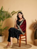 Shae by SASSAFRAS Maroon Floral Embroidered Sequinned Velvet Shawl - Image 5
