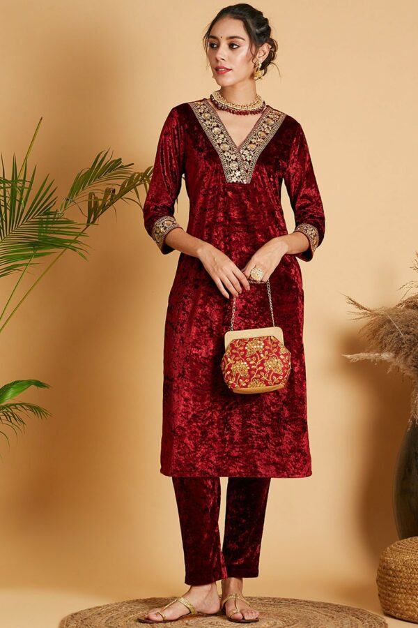 Shae by SASSAFRAS Maroon Floral Yoke Design Sequinned Velvet Straight Kurta