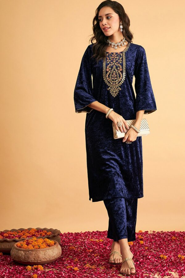 Shae by SASSAFRAS Navy Blue Floral Yoke Design Velvet Thread Work Flared Sleeves Kurta