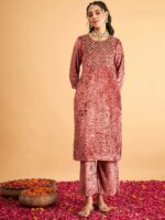 Shae by SASSAFRAS Pink Floral Yoke Design Sequinned Velvet Straight Kurta