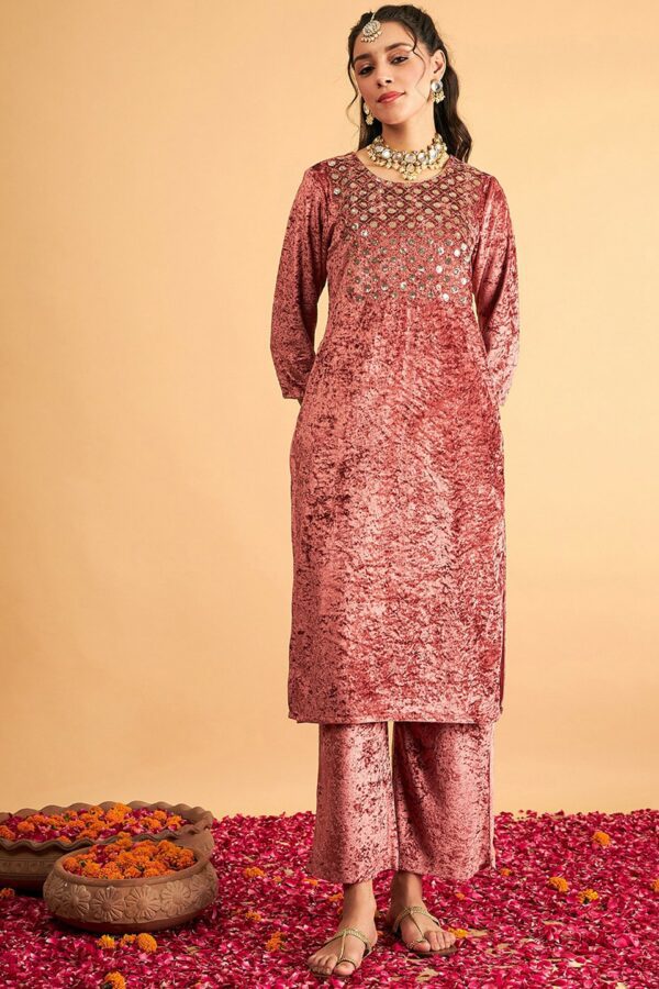 Shae by SASSAFRAS Pink Floral Yoke Design Sequinned Velvet Straight Kurta