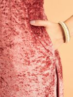 Shae by SASSAFRAS Pink Floral Yoke Design Sequinned Velvet Straight Kurta - Image 7