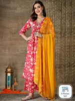 Stylum Floral Printed Gotta Patti Pure Cotton Anarkali Kurta With Palazzos & Dupatta