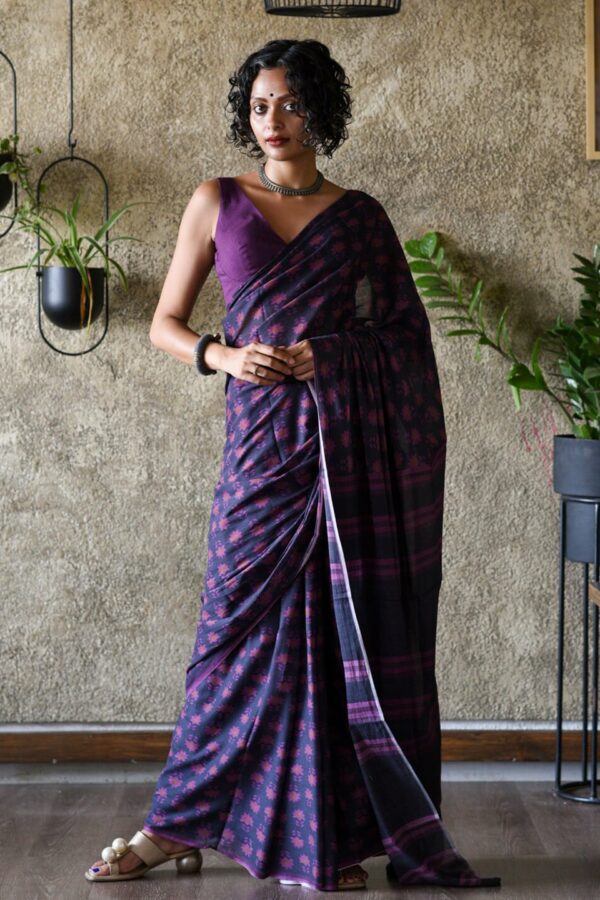 Suta Violet & Pink Floral Printed Pure Cotton Saree