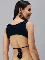 flaher Women Navy Blue Solid Velvet Readymade Padded Blouse - Image 4