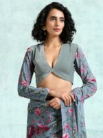 trueBrowns Grey Printed Velvet Saree Blouse