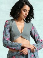 trueBrowns Grey Printed Velvet Saree Blouse - Image 2