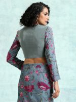 trueBrowns Grey Printed Velvet Saree Blouse - Image 4