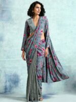 trueBrowns Grey Printed Velvet Saree Blouse - Image 5