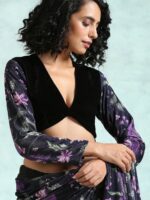 trueBrowns Women Black & Purple Printed Velvet Saree Blouse - Image 2