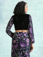 trueBrowns Women Black & Purple Printed Velvet Saree Blouse - Image 4
