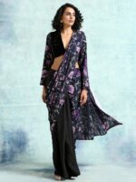 trueBrowns Women Black & Purple Printed Velvet Saree Blouse - Image 5