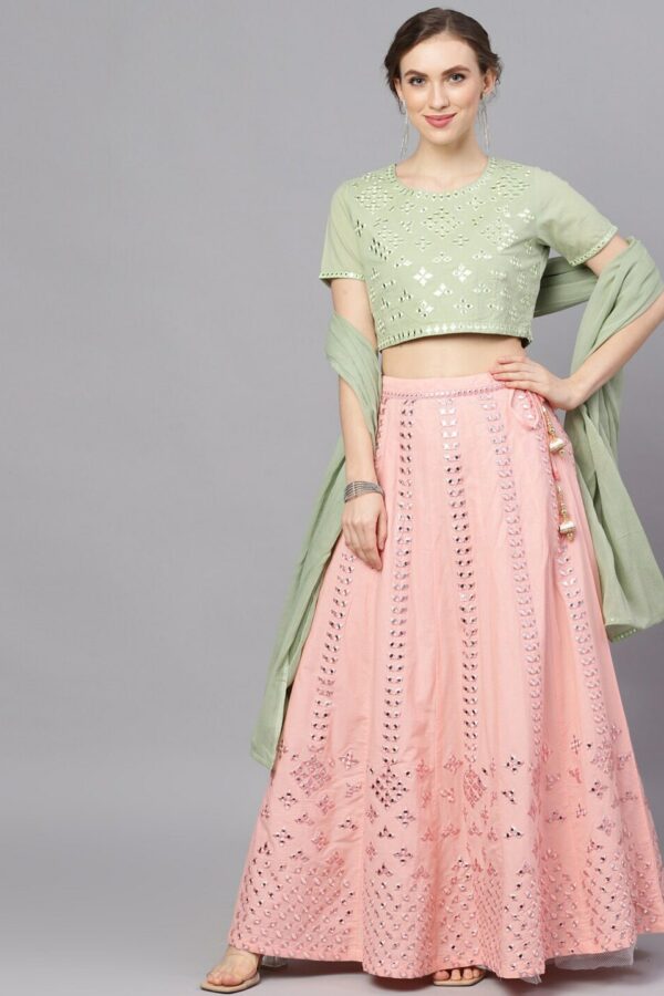 AKS Embroidered Mirror Work Ready to Wear Lehenga & Blouse With Dupatta