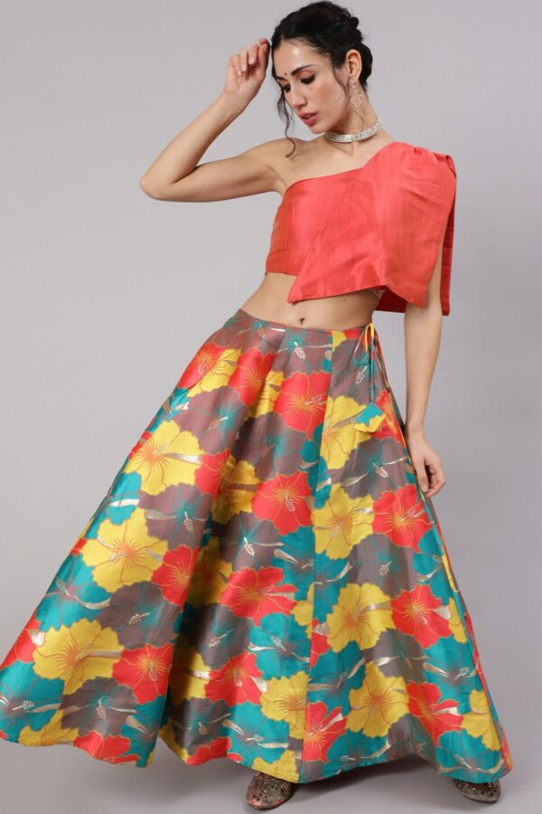 AKS Printed One Shoulder Ready To Wear Lehenga With Blouse