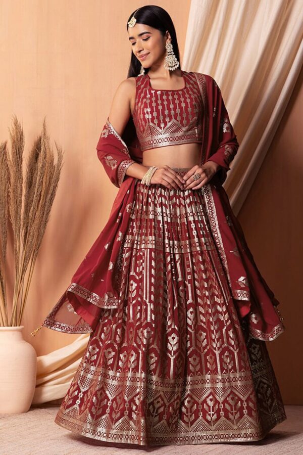 FABPIXEL Maroon Embroidered Sequinned Semi-Stitched Lehenga & Unstitched Blouse With Dupatta