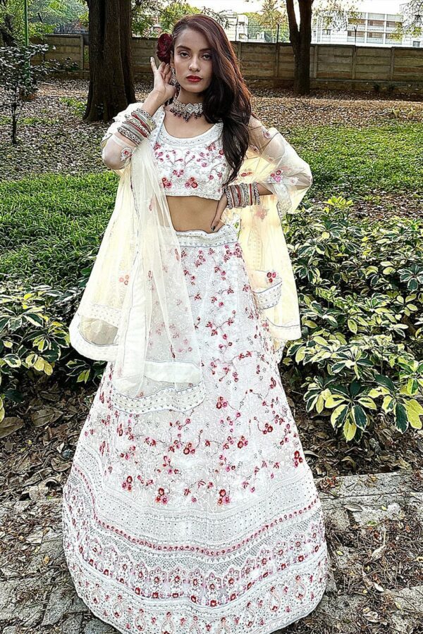 ODETTE White & Red Embroidered Semi-Stitched Lehenga & Unstitched Blouse With Dupatta