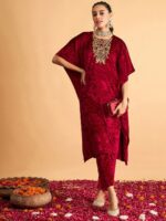 Shae by SASSAFRAS Embroidered Round Neck Kaftan Velvet Kurta - Image 5
