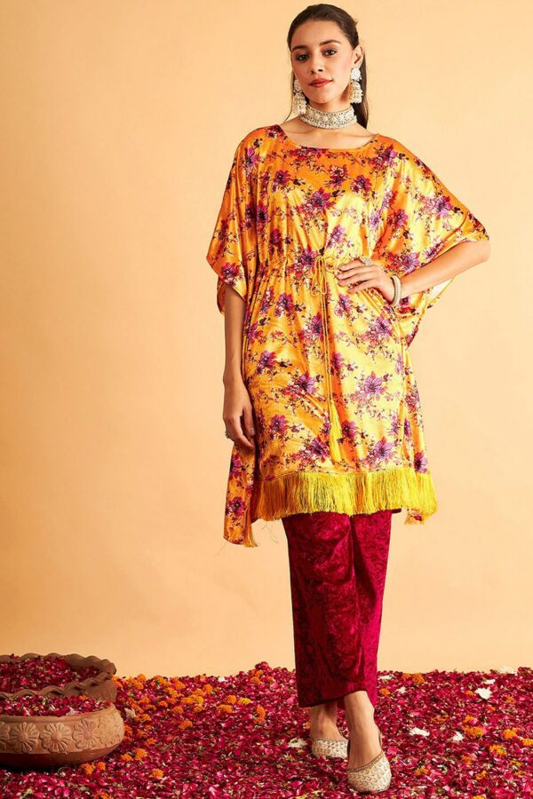 Shae by SASSAFRAS Floral Printed Velvet High Low Kaftan Kurta
