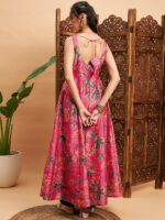 Shae by SASSAFRAS Pink & Green Floral Printed Sweetheart Neck Panelled Anarkali Kurta - Image 3